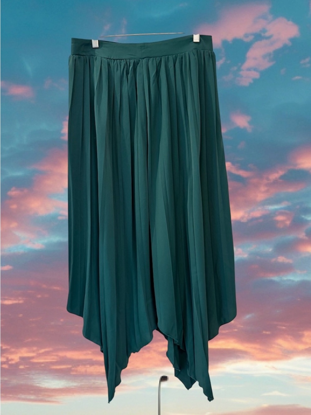 Forest Green Handkerchief Hem Long Skirt, Flowy, Pleated, Back Zip, Women Sz Med